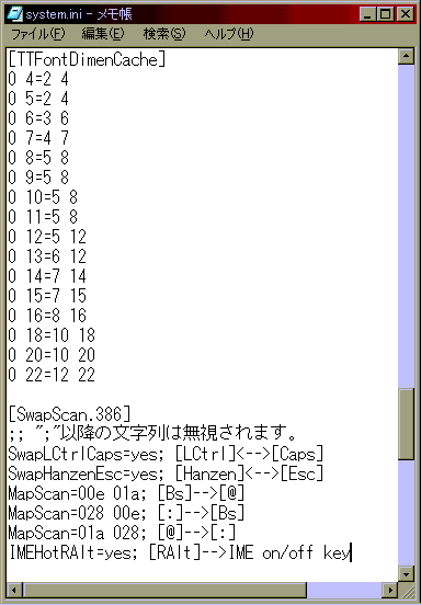 メモ帳でsystem.iniの[SwapScan.386]セクションにキー配置変更用エントリーを書き入れたところの図